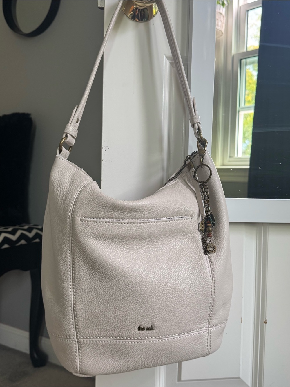 The Sak Sequoia Hobo Off-White Leather Boho Slouch Shoulder Bag Charms Purse